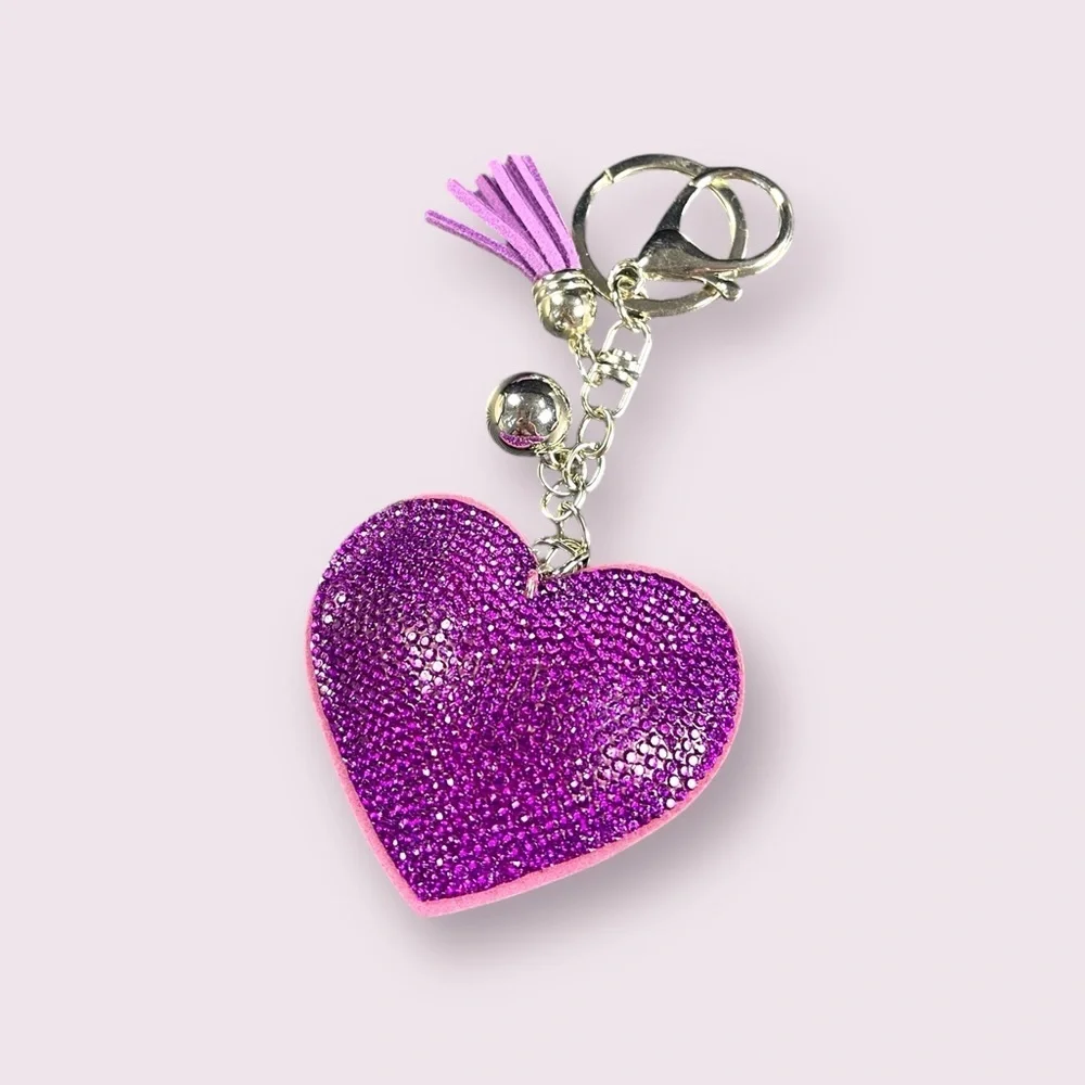 Purple or Pink Rhinestone Heart Keychain with Tassel